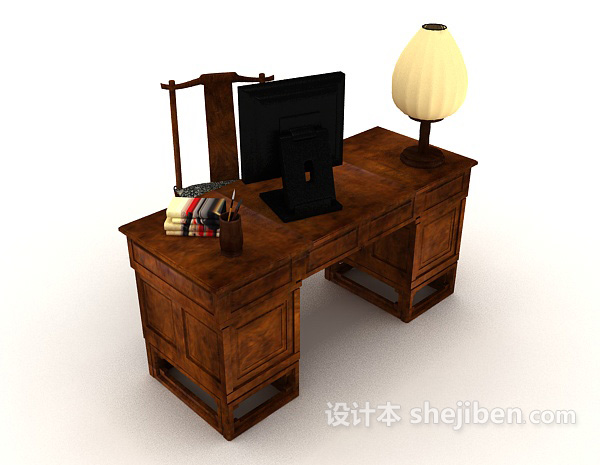 中式复古书桌3d模型下载