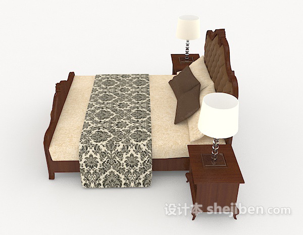 设计本欧式棕色木质双人床3d模型下载