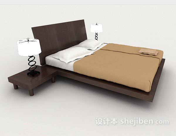 设计本简约休闲棕色双人床3d模型下载