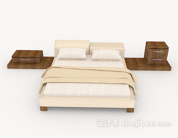 现代风格木质家居米白色双人床3d模型下载