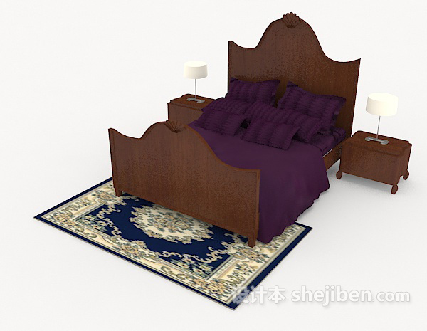 免费棕色木质家居双人床3d模型下载