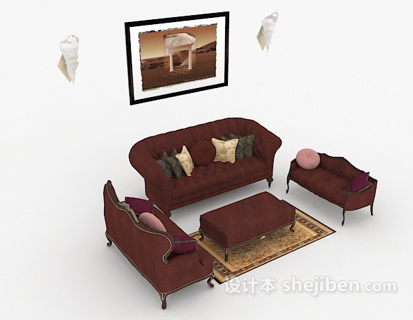 欧式红色组合沙发3d模型下载