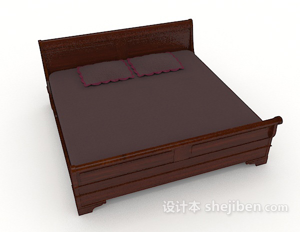 中式风格新中式木质深色双人床3d模型下载