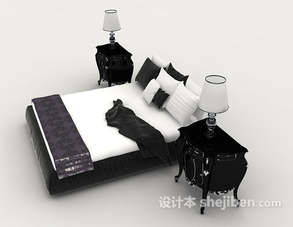 设计本欧式简约黑白双人床3d模型下载