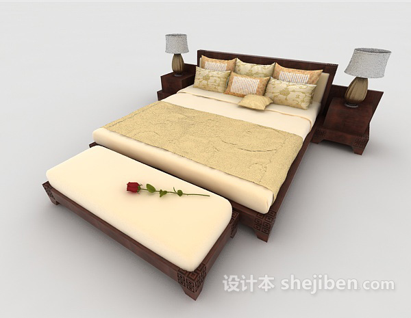 新中式木质浅黄双人床3d模型下载