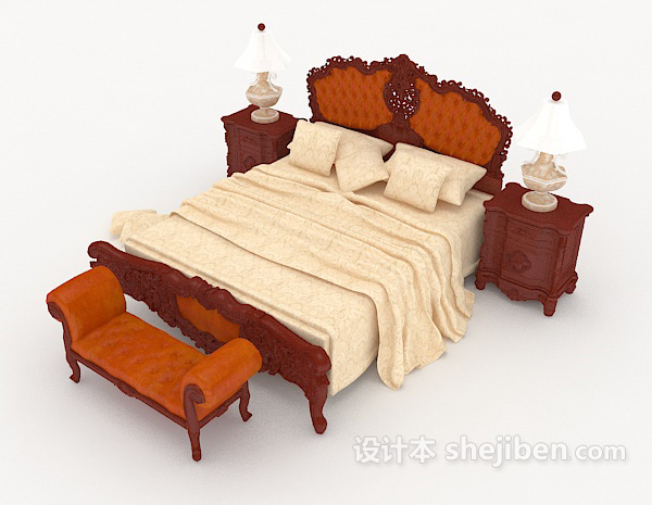 免费中式木质棕色家居双人床3d模型下载