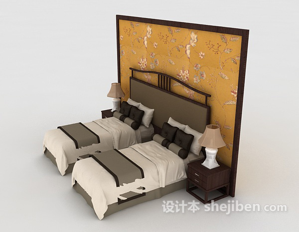 设计本新中式风格实木单人床3d模型下载