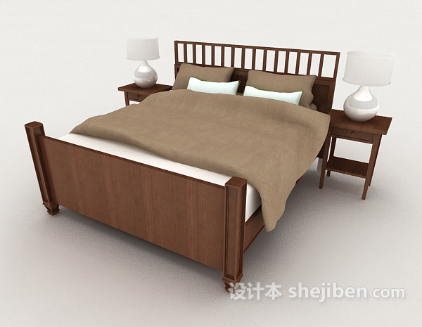 新中式风格简单双人床3d模型下载