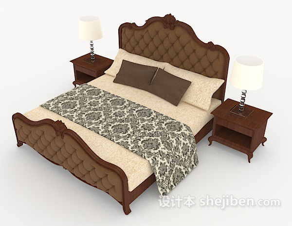 免费欧式棕色木质双人床3d模型下载