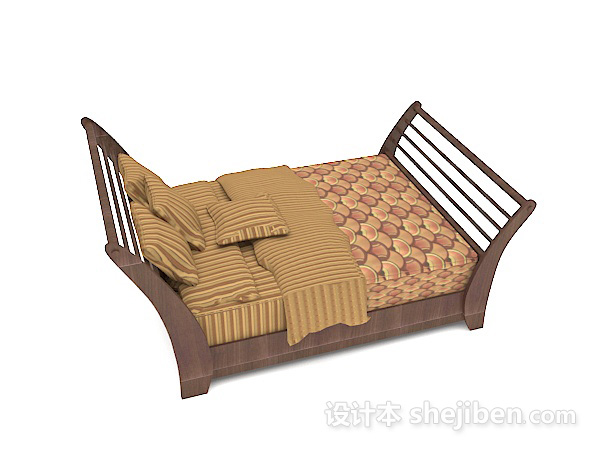 免费木质家具棕色双人床3d模型下载