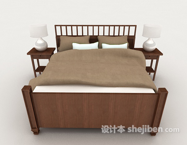 中式风格新中式风格简单双人床3d模型下载
