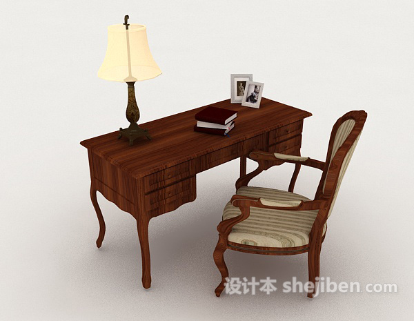 中式复古木质书桌椅子3d模型下载