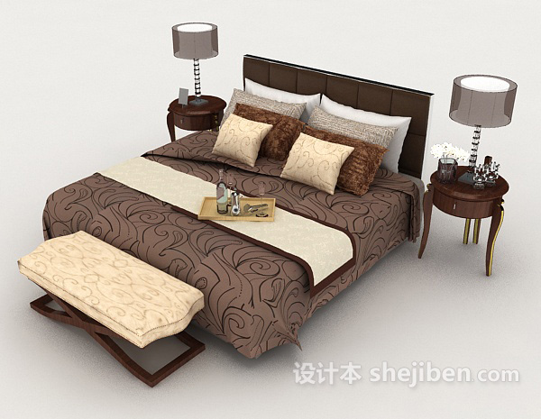 免费家居棕色木质双人床3d模型下载