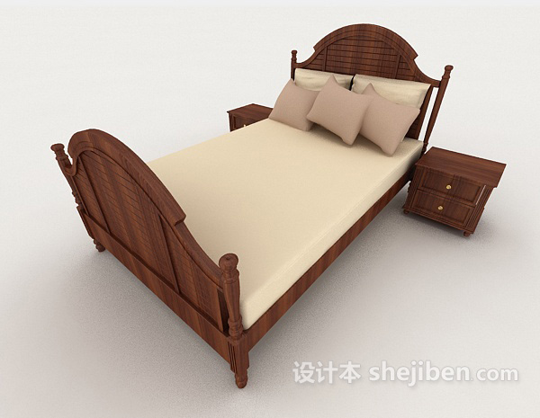 免费木质棕色家居简约双人床3d模型下载