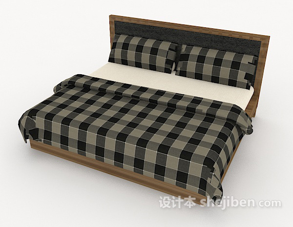 免费格子木质双人床3d模型下载