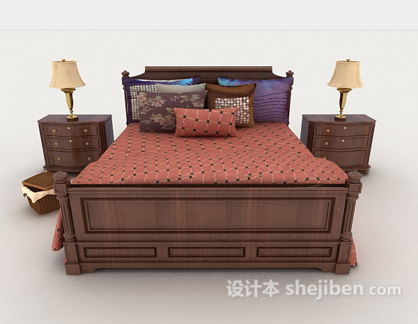 中式风格新中式实木家居双人床3d模型下载