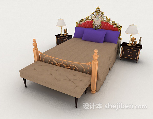 设计本欧式个性棕色双人床3d模型下载