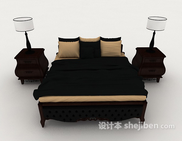 欧式风格欧式黑色木质床3d模型下载