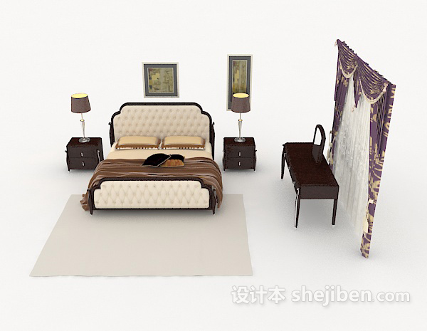 中式风格中式复古木质双人床3d模型下载