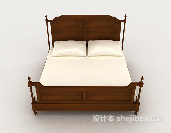 中式风格新中式实木简单双人床3d模型下载