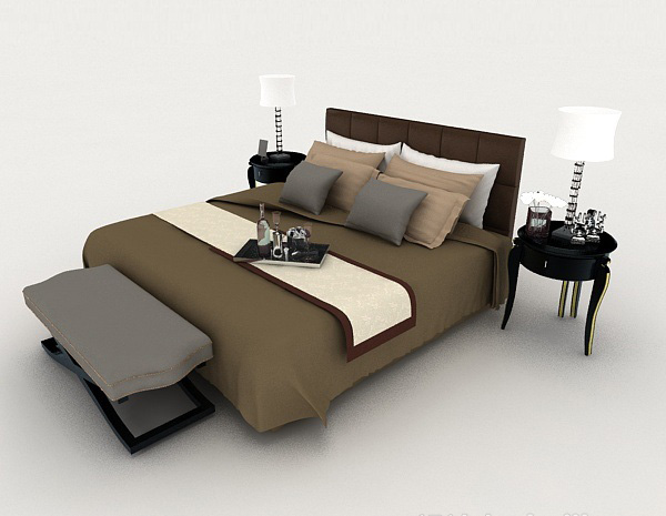 现代家居棕色简单双人床3d模型下载