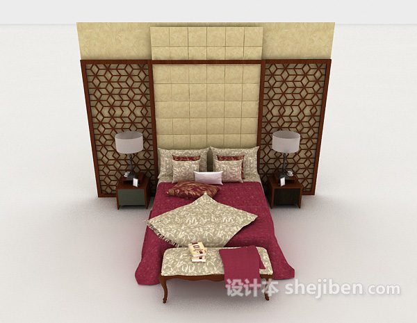 中式风格中式红色双人床3d模型下载