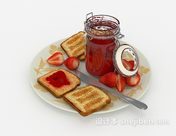 美式风格草莓酱和面包片3d模型下载