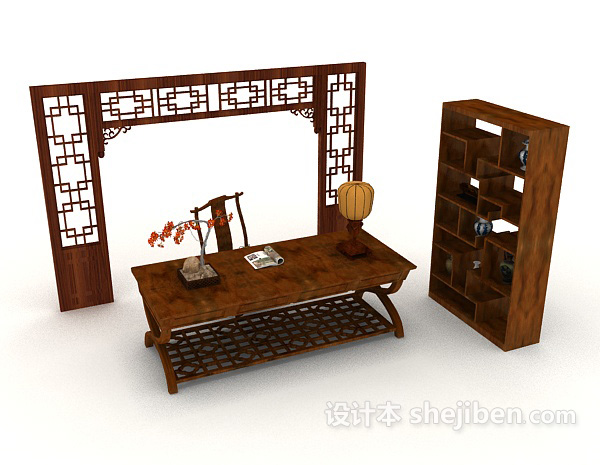 免费中式复古书桌椅柜3d模型下载