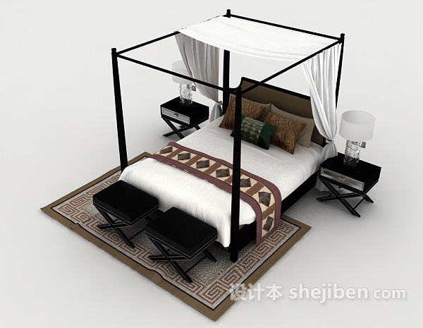 免费现代黑白双人床3d模型下载