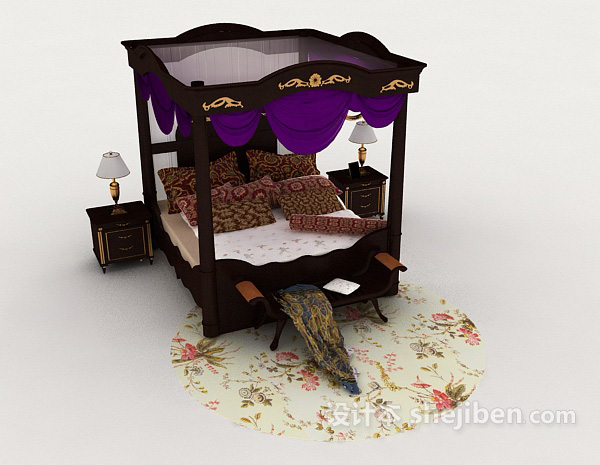 免费欧式家居深棕色双人床3d模型下载