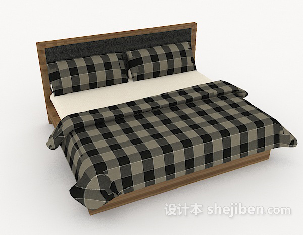 格子木质双人床3d模型下载