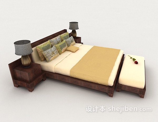设计本木质暖黄色简约双人床3d模型下载