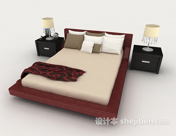红色家居简单双人床3d模型下载