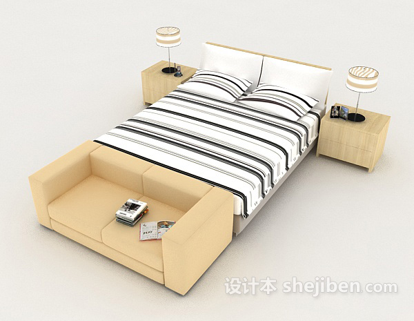 免费现代简约风格木质双人床3d模型下载