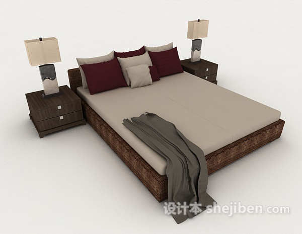 免费木质简单家居双人床3d模型下载