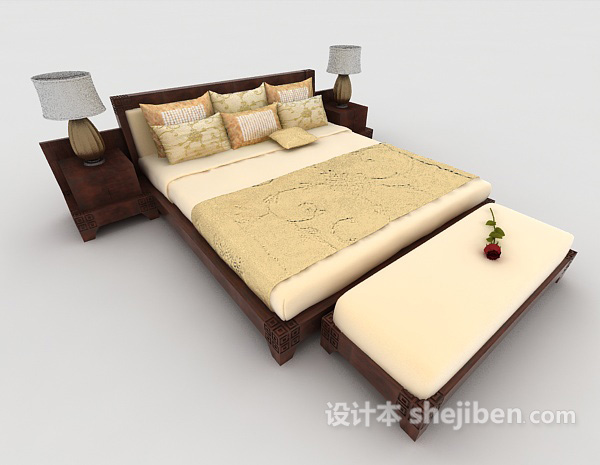 中式风格新中式木质浅黄双人床3d模型下载