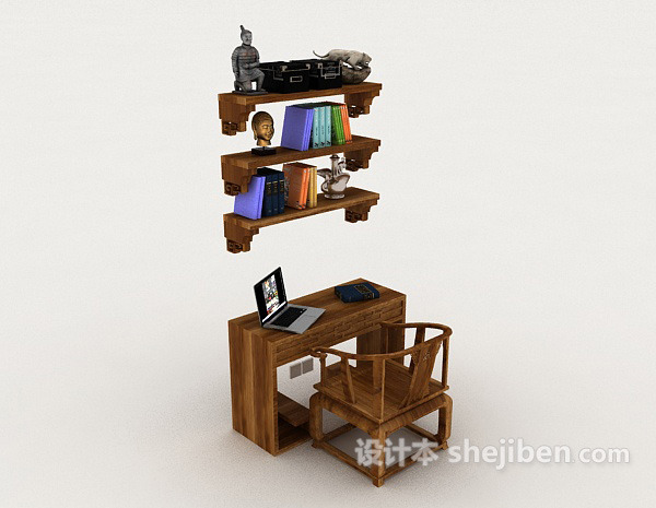 新中式书桌椅3d模型下载