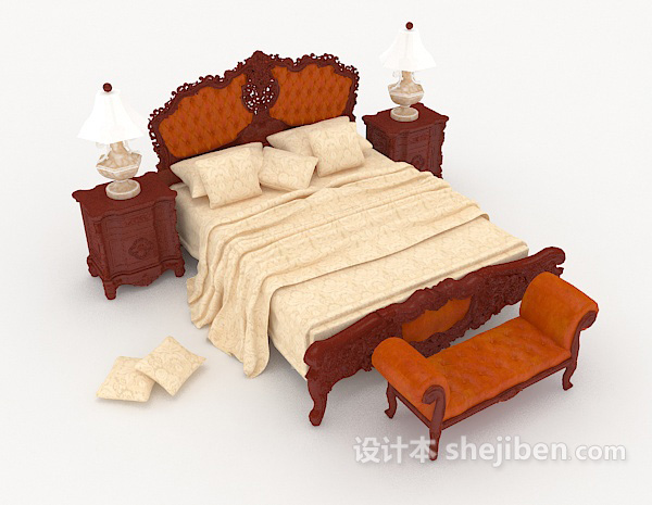 中式木质棕色家居双人床3d模型下载