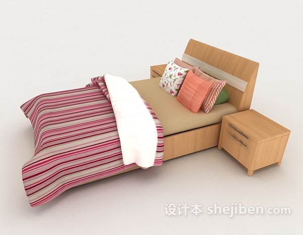 设计本简单木质红色条纹双人床3d模型下载