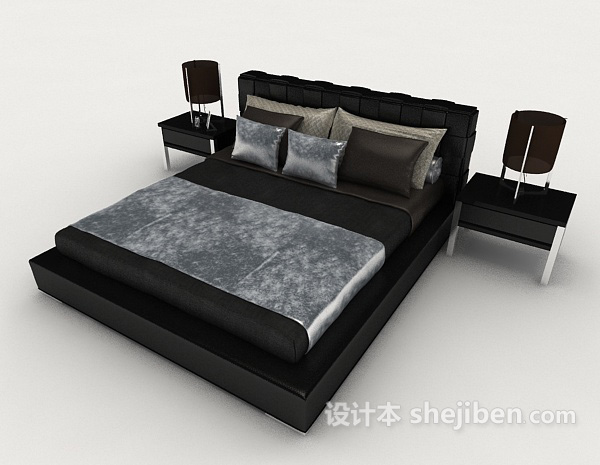 免费黑色双人床3d模型下载