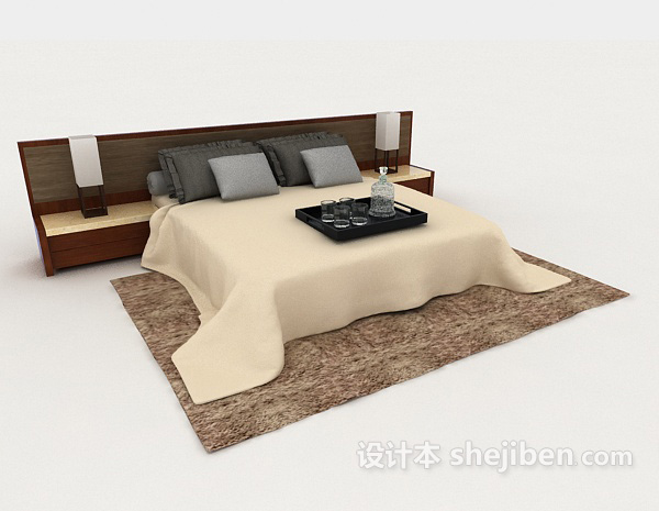 免费家居简约棕色木质双人床3d模型下载