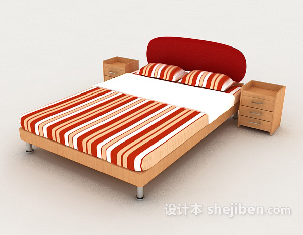 免费红色条纹双人床3d模型下载