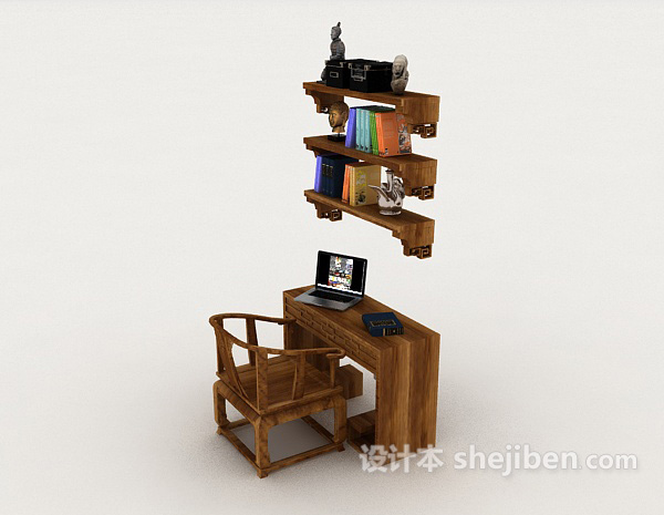 设计本新中式书桌椅3d模型下载
