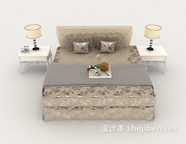 欧式风格简欧灰棕色花纹双人床3d模型下载