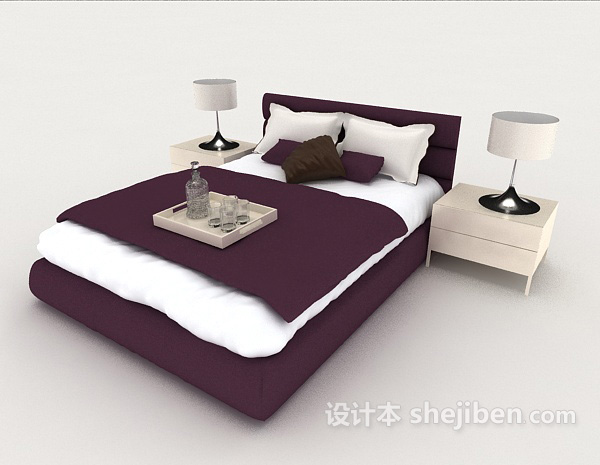 商务紫色简约双人床3d模型下载