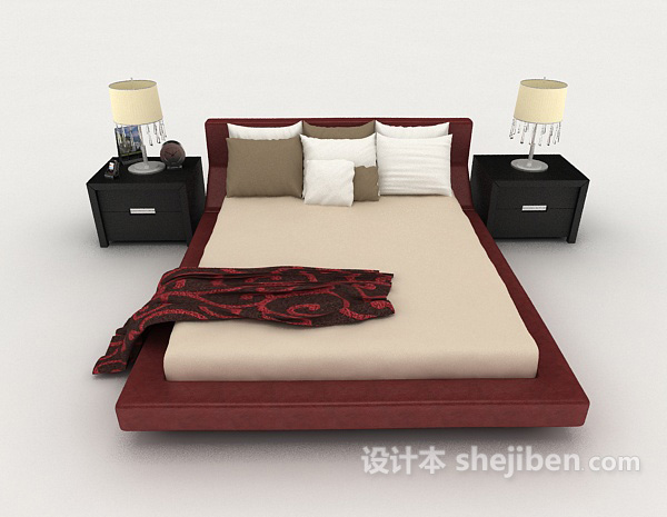 现代风格红色家居简单双人床3d模型下载