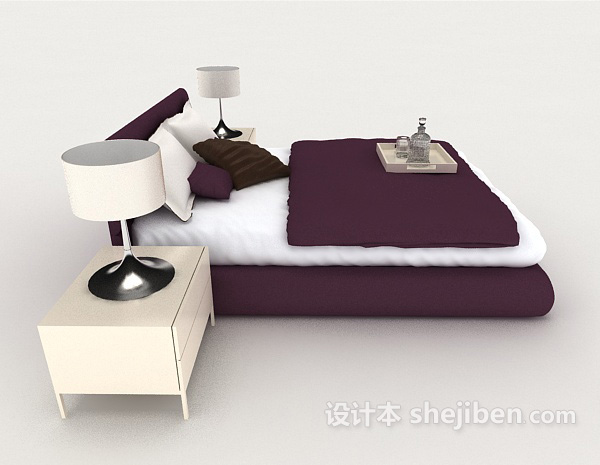 设计本商务紫色简约双人床3d模型下载