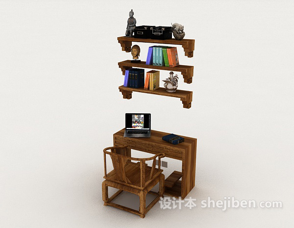 免费新中式书桌椅3d模型下载
