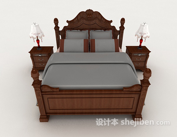 中式风格新中式木质灰色双人床3d模型下载