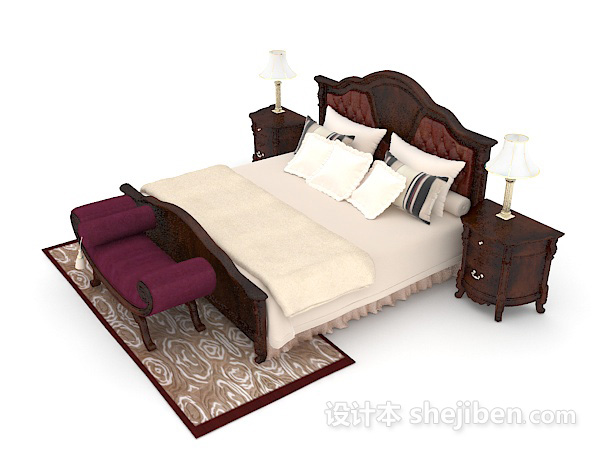 设计本中式木质复古双人床3d模型下载